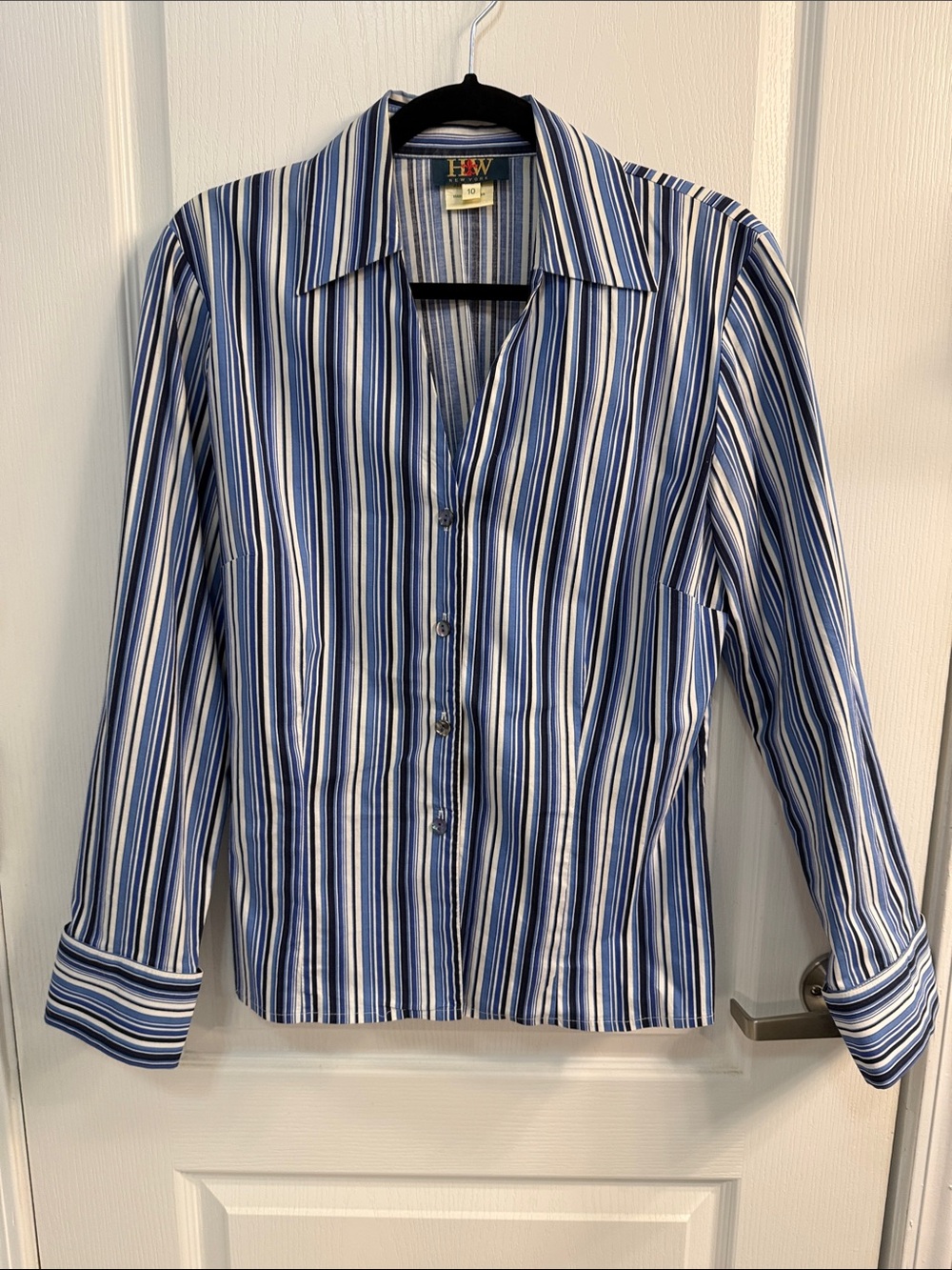 Blue & White Vertical Stripe Button-Up Blouse